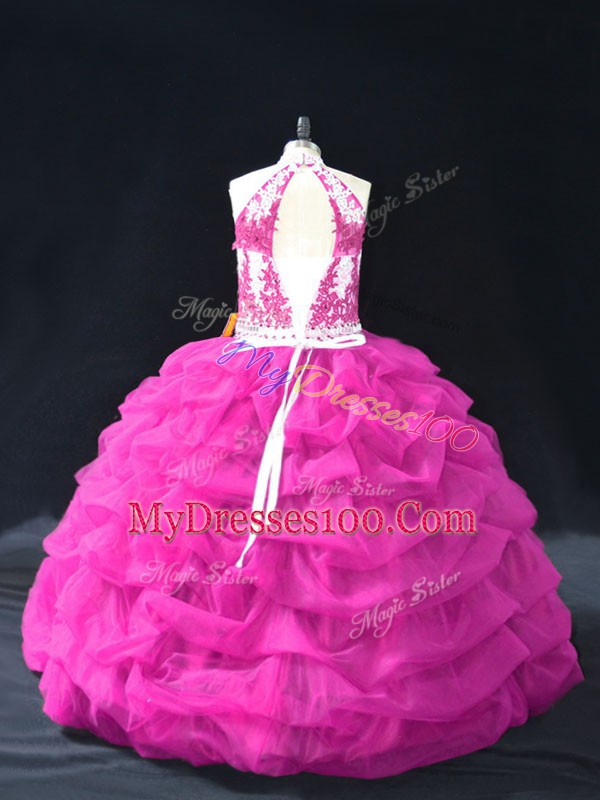 Sexy Fuchsia Organza Backless Quinceanera Dress Sleeveless Floor Length Beading and Lace and Pick Ups