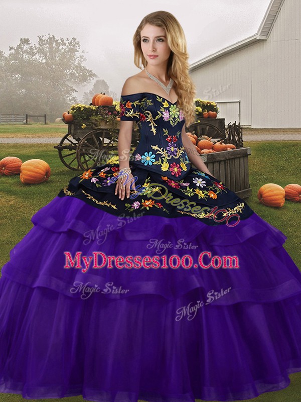 Black And Purple Lace Up Sweet 16 Quinceanera Dress Embroidery and Ruffled Layers Sleeveless Brush Train