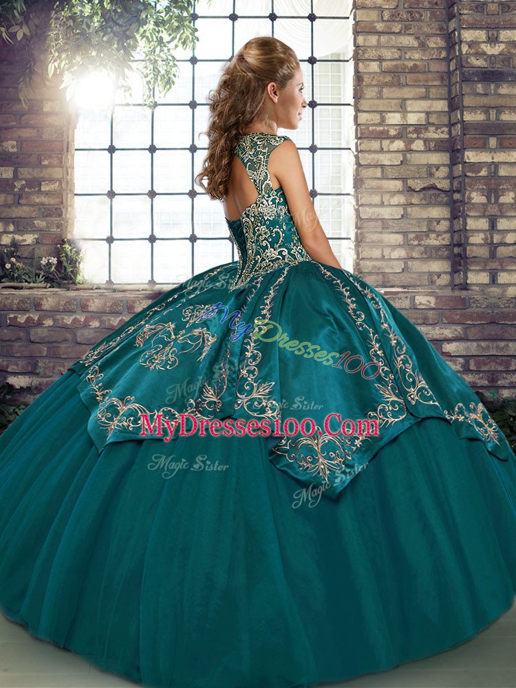 Teal Tulle Lace Up Straps Sleeveless Floor Length Ball Gown Prom Dress Beading and Embroidery