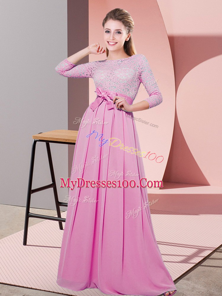 Adorable Floor Length Rose Pink Wedding Guest Dresses Scoop 3 4 Length Sleeve Side Zipper