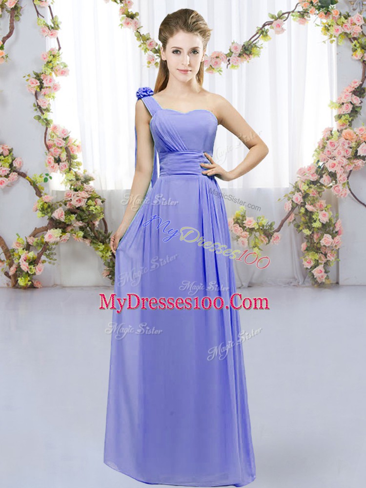 Popular Lavender Empire Chiffon One Shoulder Sleeveless Hand Made Flower Floor Length Lace Up Bridesmaid Dress