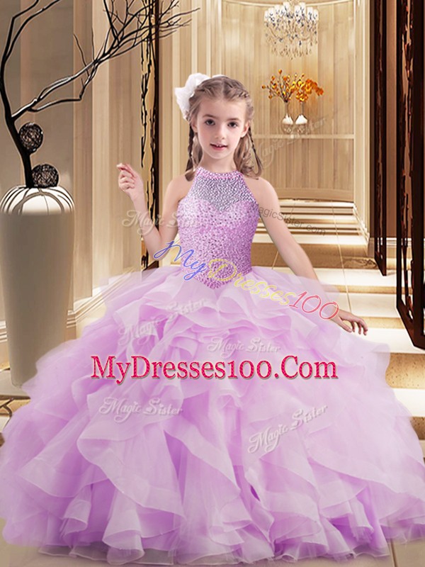 Lilac Sleeveless Beading Floor Length Kids Formal Wear