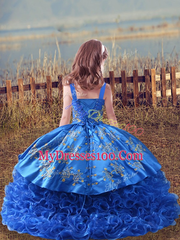 Most Popular Baby Blue Sleeveless Embroidery Lace Up Girls Pageant Dresses