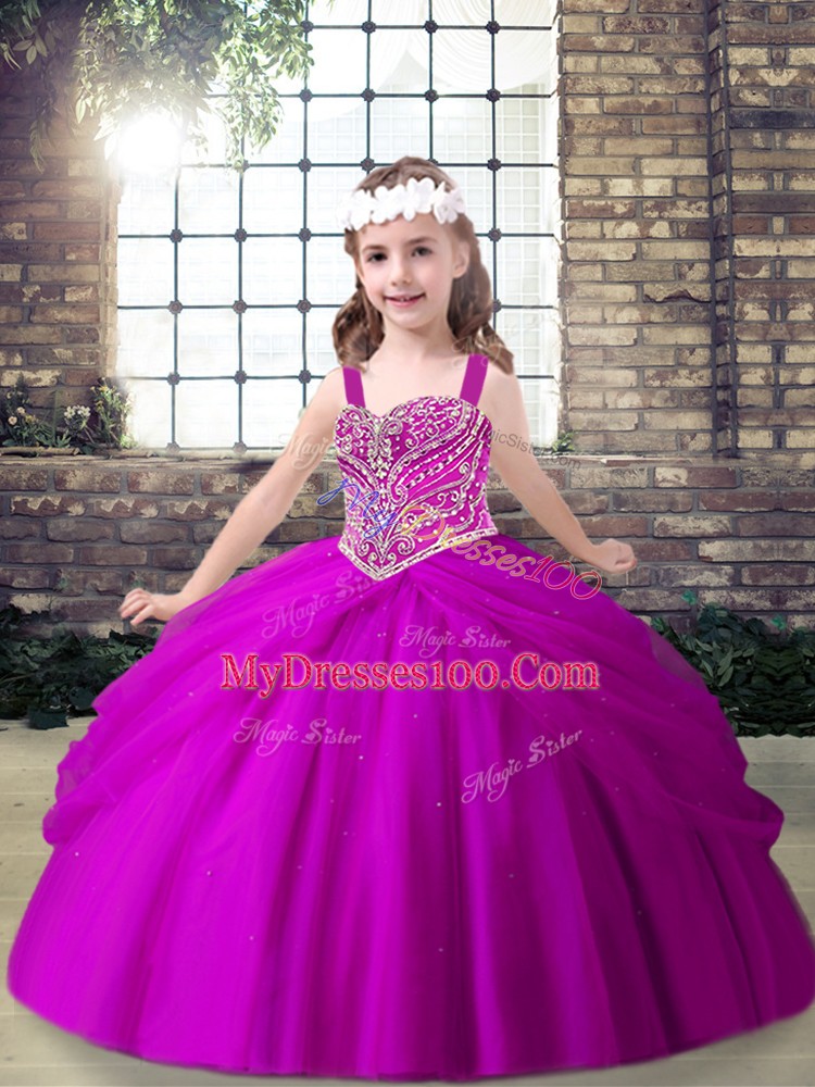 Fuchsia Straps Neckline Beading and Pick Ups Little Girls Pageant Dress Sleeveless Lace Up