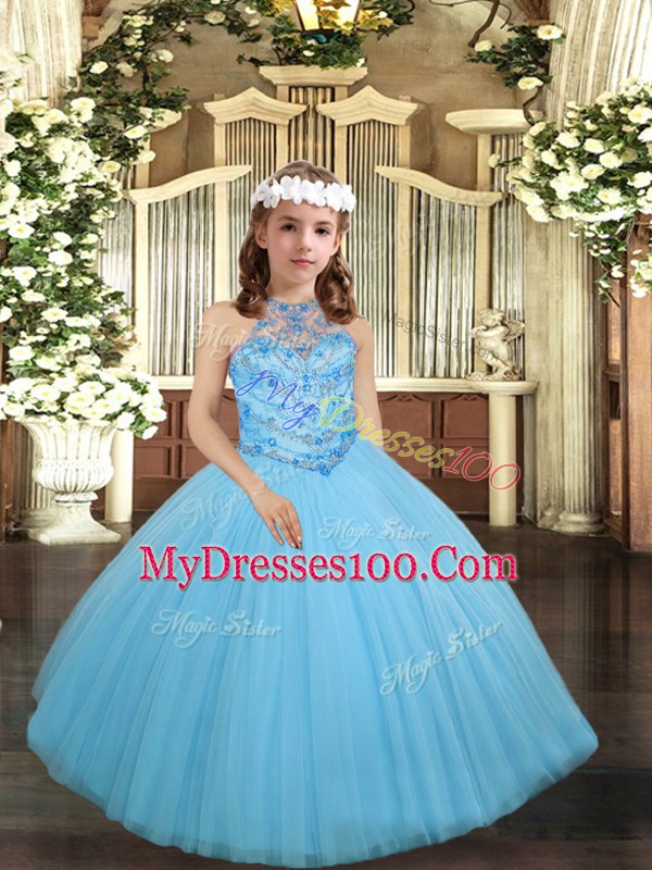 Scoop Sleeveless Tulle Pageant Gowns For Girls Beading Lace Up