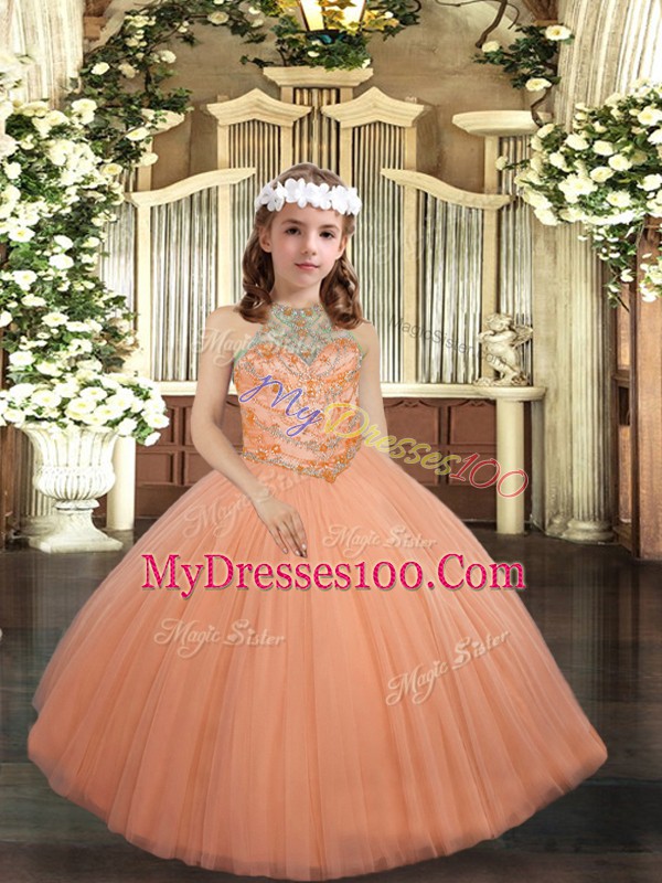 Stylish Peach Kids Formal Wear For with Beading Halter Top Sleeveless Lace Up