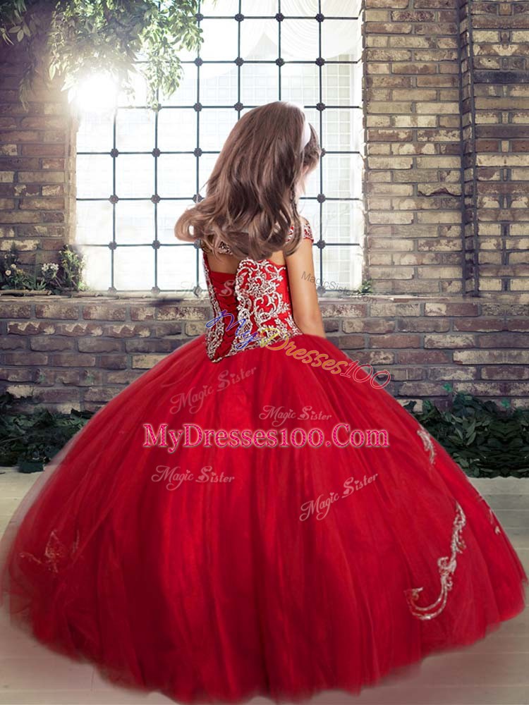 Turquoise Off The Shoulder Lace Up Beading Girls Pageant Dresses Sleeveless