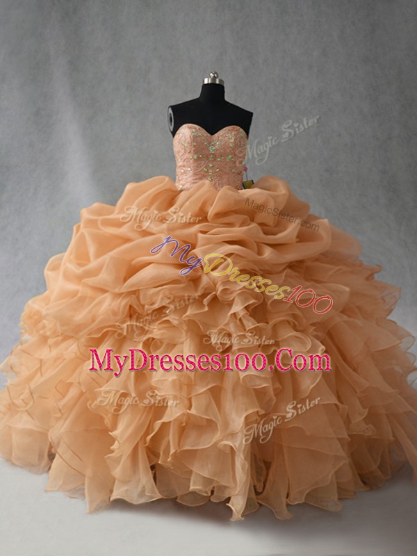 Chic Floor Length Gold Sweet 16 Quinceanera Dress Organza Sleeveless Beading and Ruffles and Pick Ups