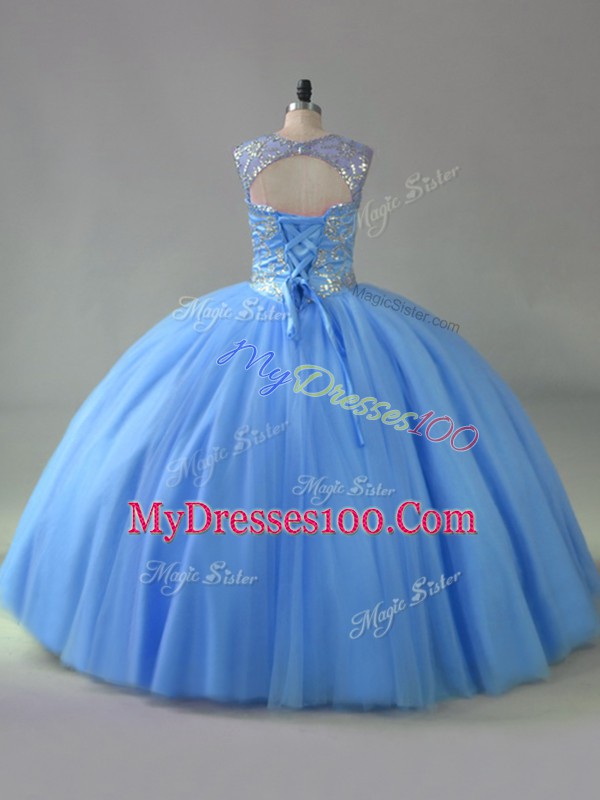 Custom Designed Blue Ball Gowns Beading Quince Ball Gowns Lace Up Tulle Sleeveless Floor Length