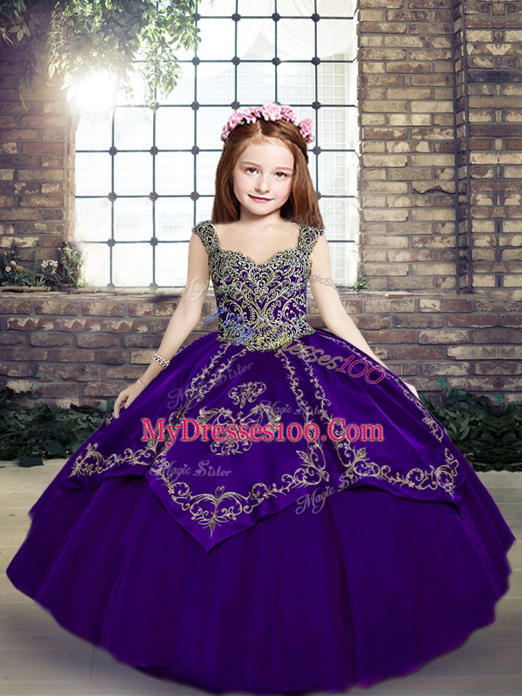 Purple Sleeveless Tulle Lace Up Little Girl Pageant Gowns for Party and Military Ball and Wedding Party