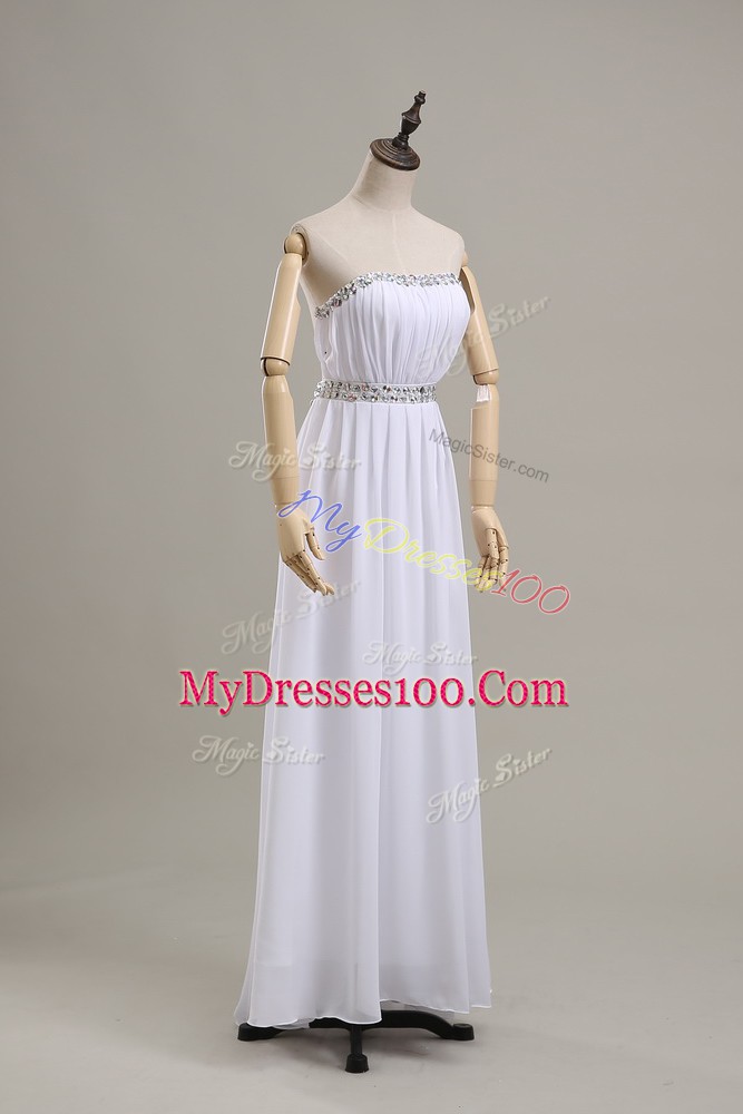 White Chiffon Backless Strapless Sleeveless Floor Length Wedding Gown Beading