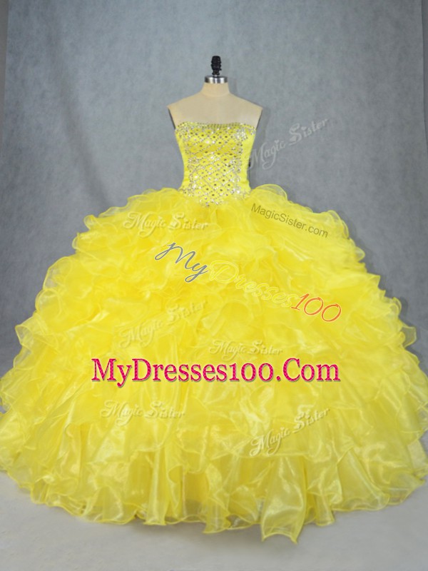 Yellow Sleeveless Asymmetrical Beading and Ruffles Lace Up Sweet 16 Dress