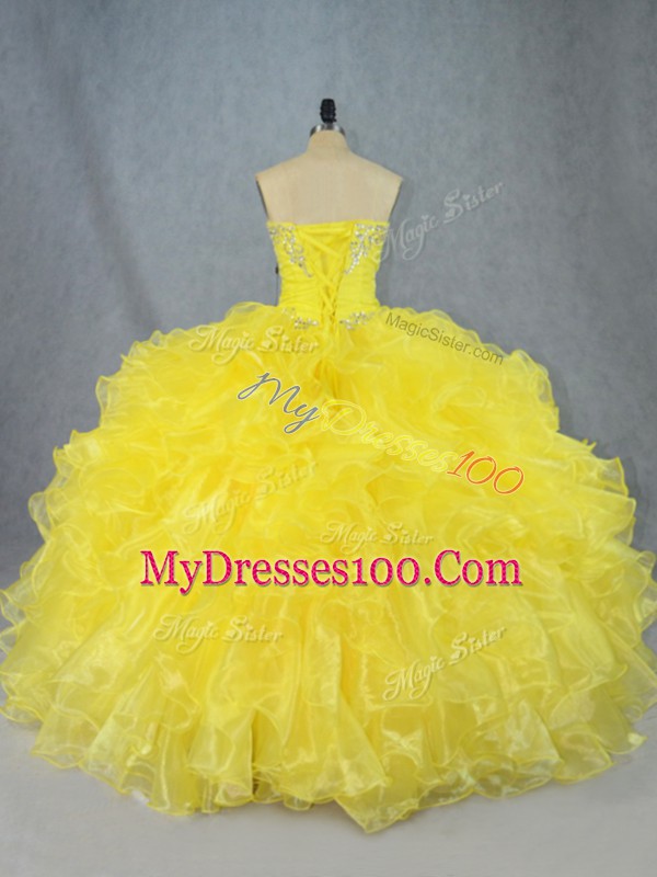 Yellow Sleeveless Asymmetrical Beading and Ruffles Lace Up Sweet 16 Dress