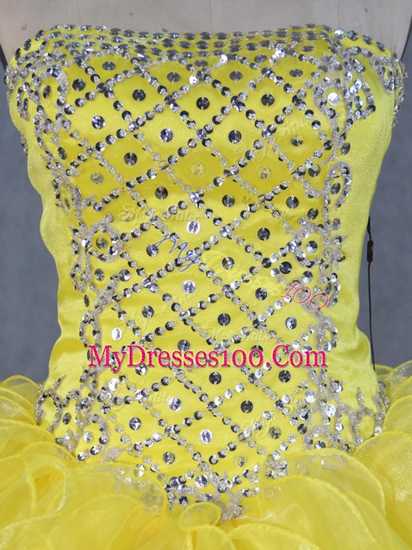 Yellow Sleeveless Asymmetrical Beading and Ruffles Lace Up Sweet 16 Dress