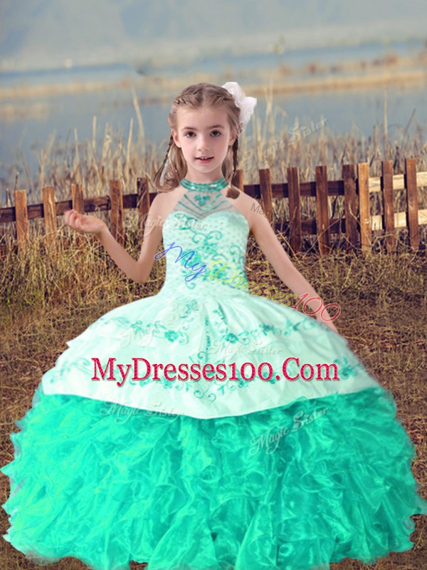 High Class Organza Sleeveless Floor Length Girls Pageant Dresses and Beading and Embroidery and Ruffles