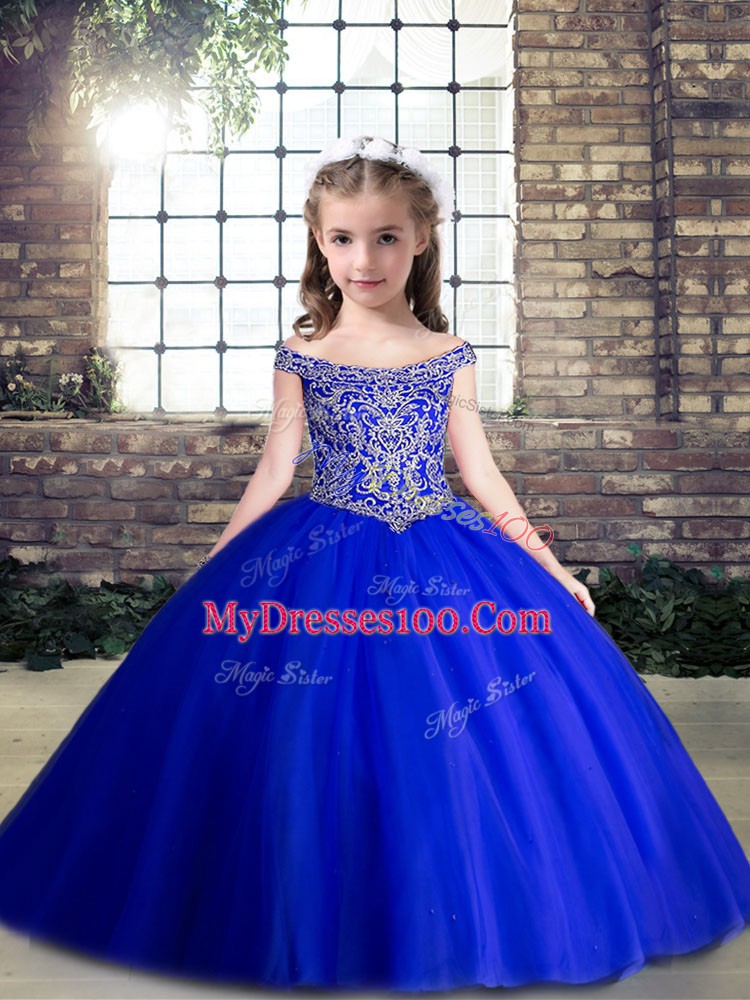 Luxurious Off The Shoulder Sleeveless Kids Pageant Dress Floor Length Beading Royal Blue Tulle