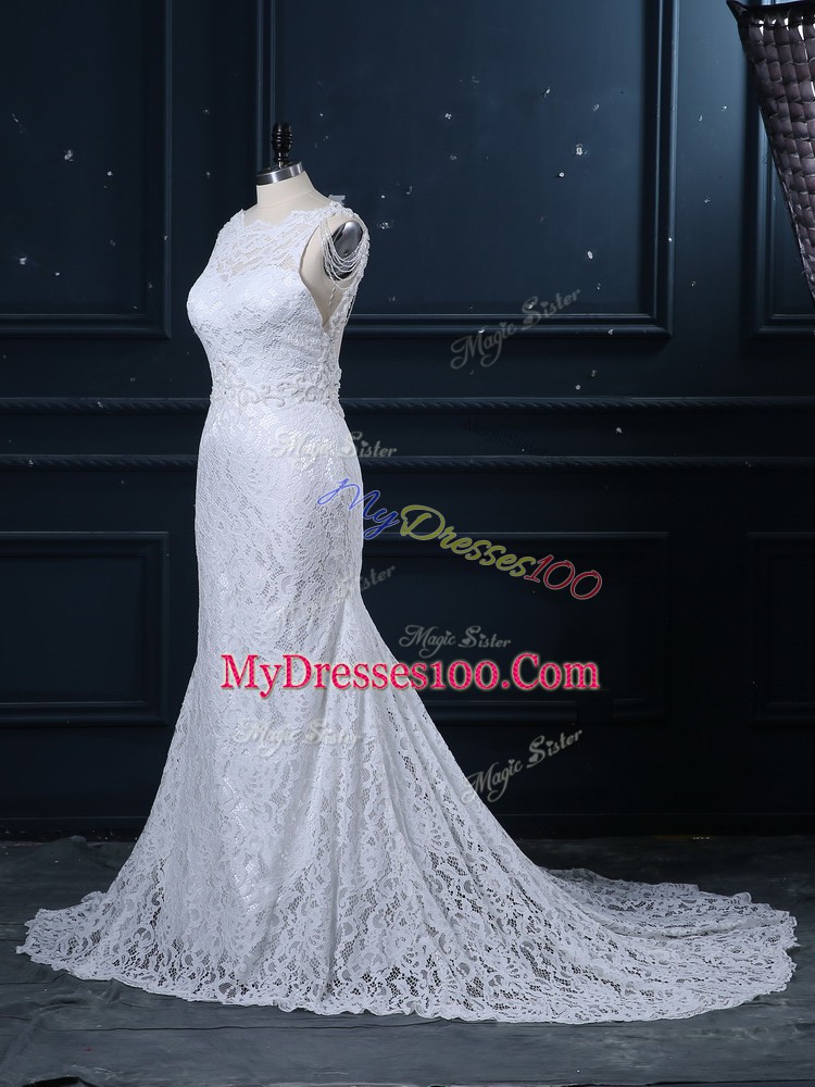 White Scoop Backless Lace Wedding Dress Brush Train Sleeveless