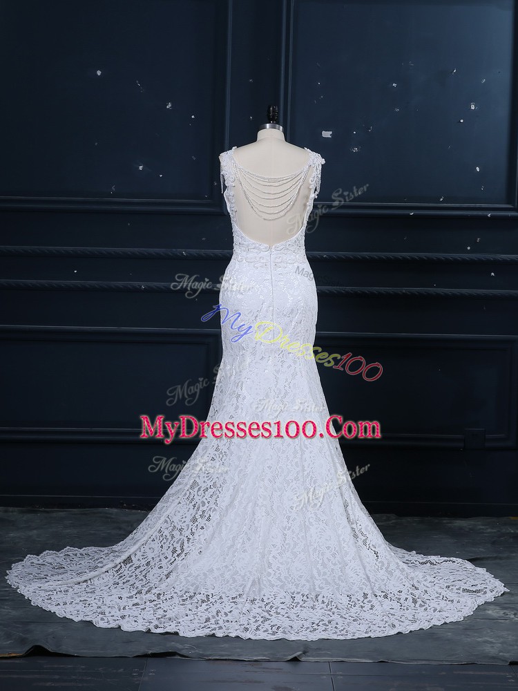 White Scoop Backless Lace Wedding Dress Brush Train Sleeveless