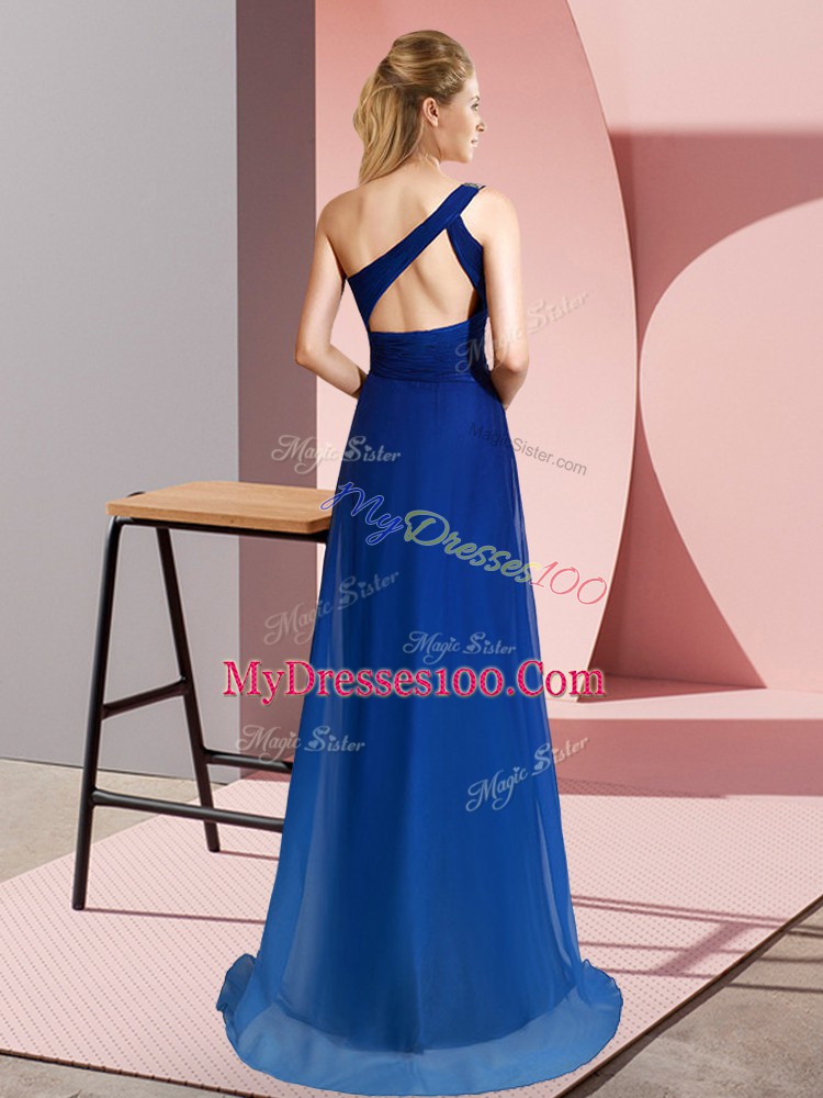 Blue Sleeveless Beading Criss Cross Prom Dress