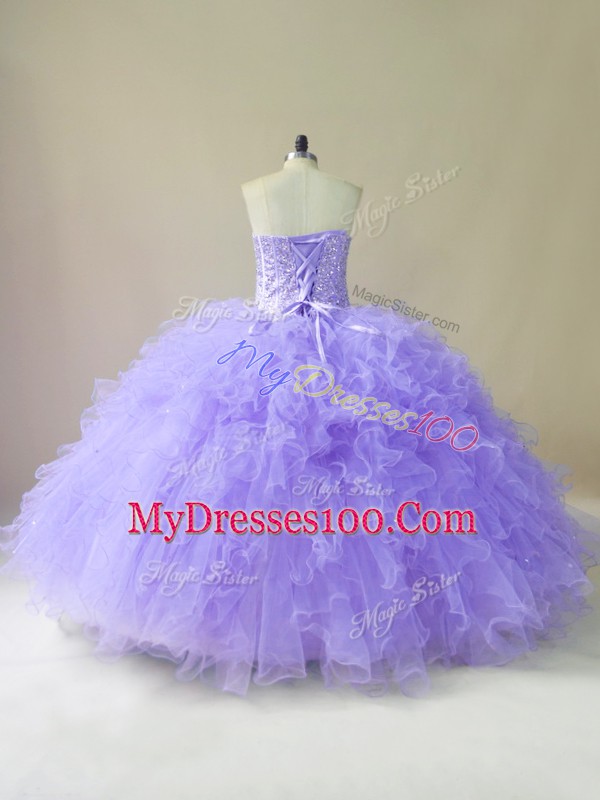 Romantic Lavender Lace Up Sweetheart Beading and Ruffles Sweet 16 Dress Tulle Sleeveless