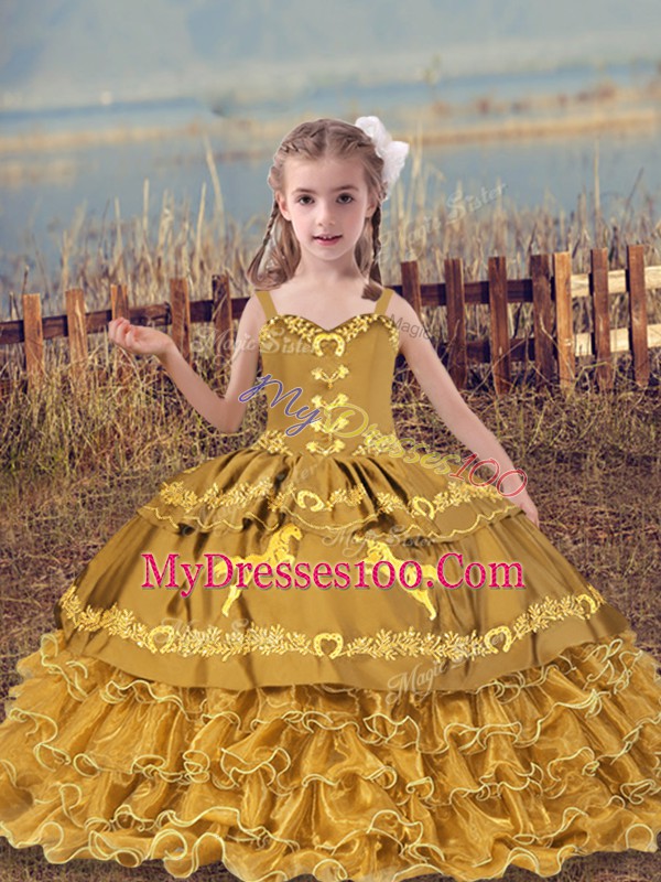 Dramatic Sleeveless Lace Up Floor Length Beading and Embroidery and Ruffled Layers Little Girls Pageant Dress