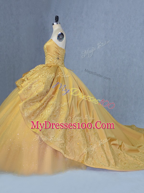 Delicate Beading and Appliques Sweet 16 Quinceanera Dress Gold Lace Up Court Train