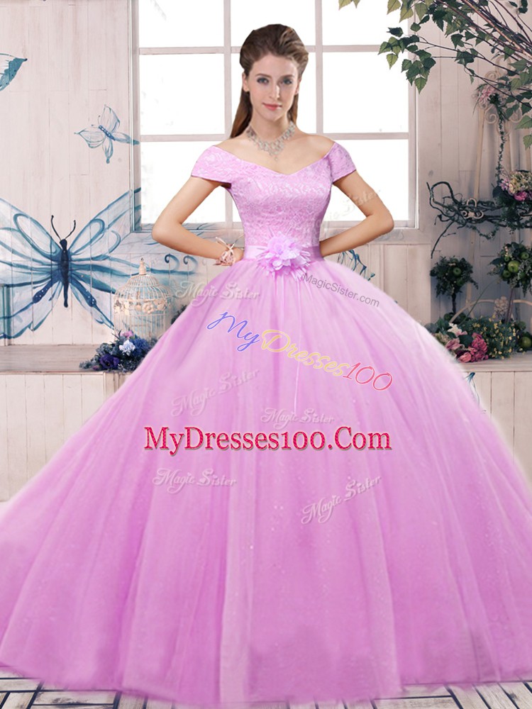 Fitting Floor Length Lilac Quinceanera Dress Tulle Short Sleeves Lace and Hand Made Flower