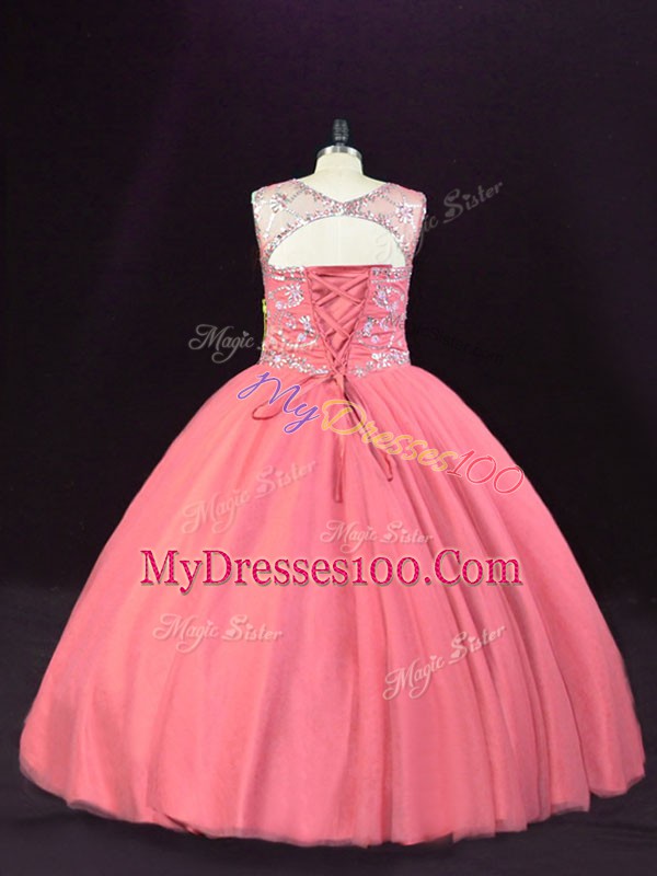 Fabulous Scoop Sleeveless Lace Up Quinceanera Dress Pink Tulle