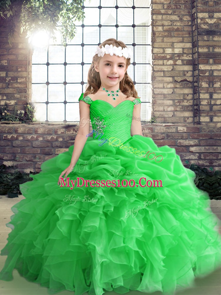 Floor Length Lace Up Girls Pageant Dresses Green for Party and Wedding Party with Beading and Ruffles