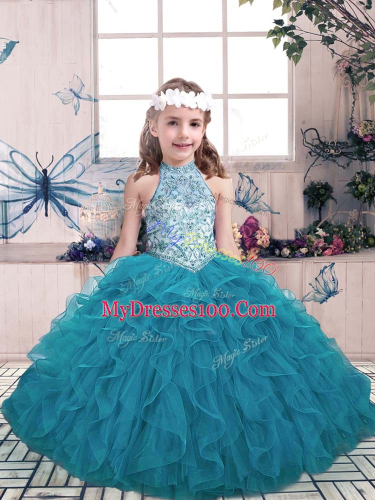 Charming Floor Length Lace Up Little Girls Pageant Dress Teal for Party and Military Ball and Wedding Party with Beading and Ruffles