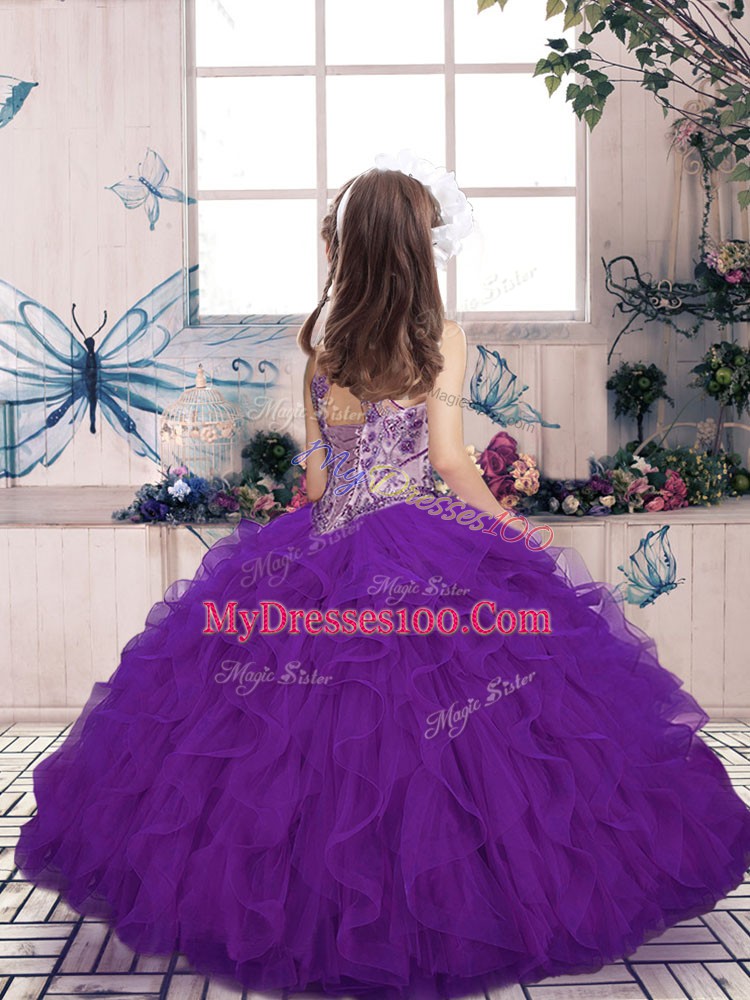 Charming Floor Length Lace Up Little Girls Pageant Dress Teal for Party and Military Ball and Wedding Party with Beading and Ruffles