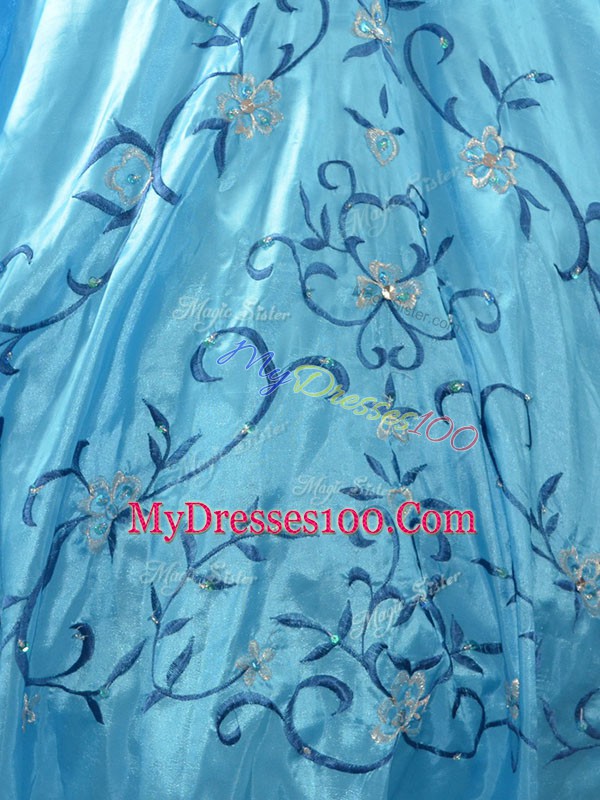 Dramatic Embroidery and Ruffles Sweet 16 Dresses Baby Blue Lace Up Sleeveless Floor Length