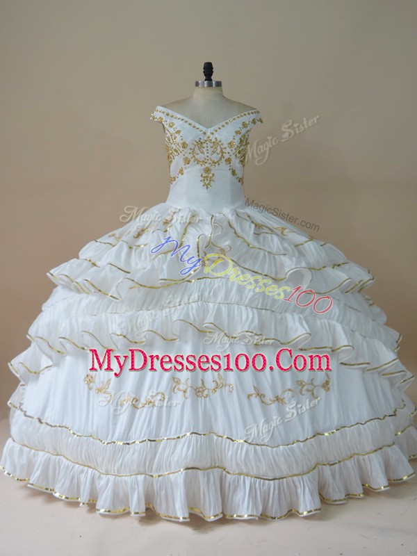 White Ball Gowns Beading and Embroidery 15th Birthday Dress Lace Up Taffeta Sleeveless Floor Length