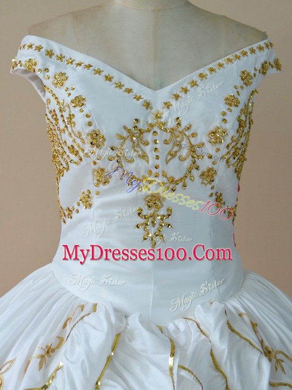 White Ball Gowns Beading and Embroidery 15th Birthday Dress Lace Up Taffeta Sleeveless Floor Length