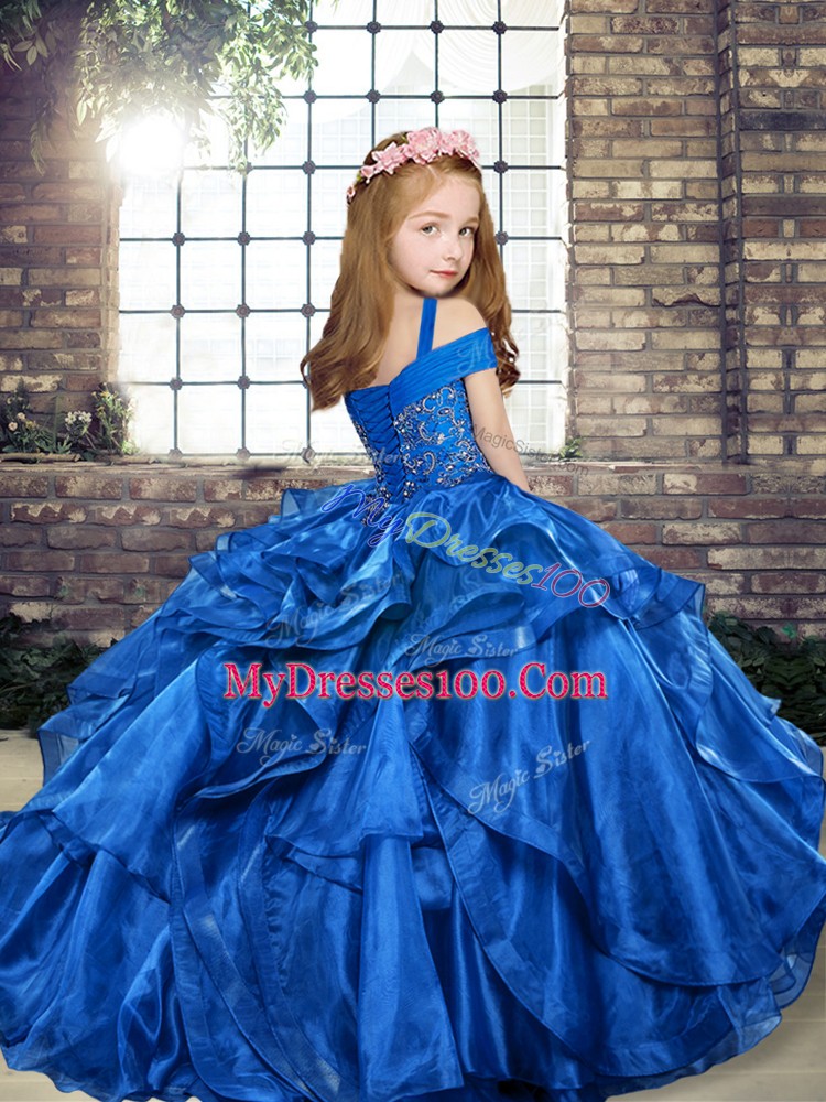 Sleeveless Lace Up Floor Length Beading and Ruffles Kids Pageant Dress