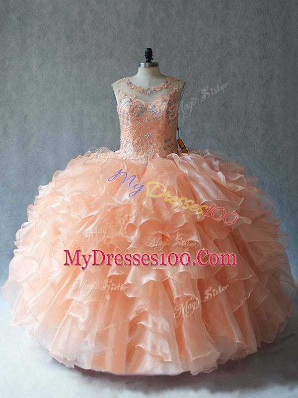 Great Sleeveless Lace Up Floor Length Beading and Ruffles Sweet 16 Dresses