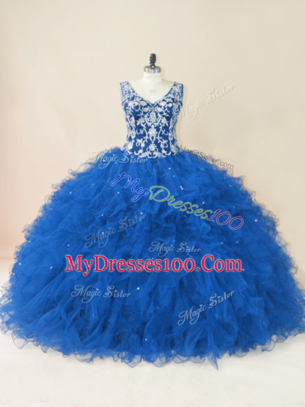 Nice Sleeveless Tulle Backless Quinceanera Gowns in Blue with Beading and Ruffles