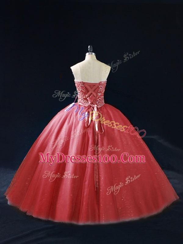 Sleeveless Beading Lace Up Quinceanera Gowns with Red