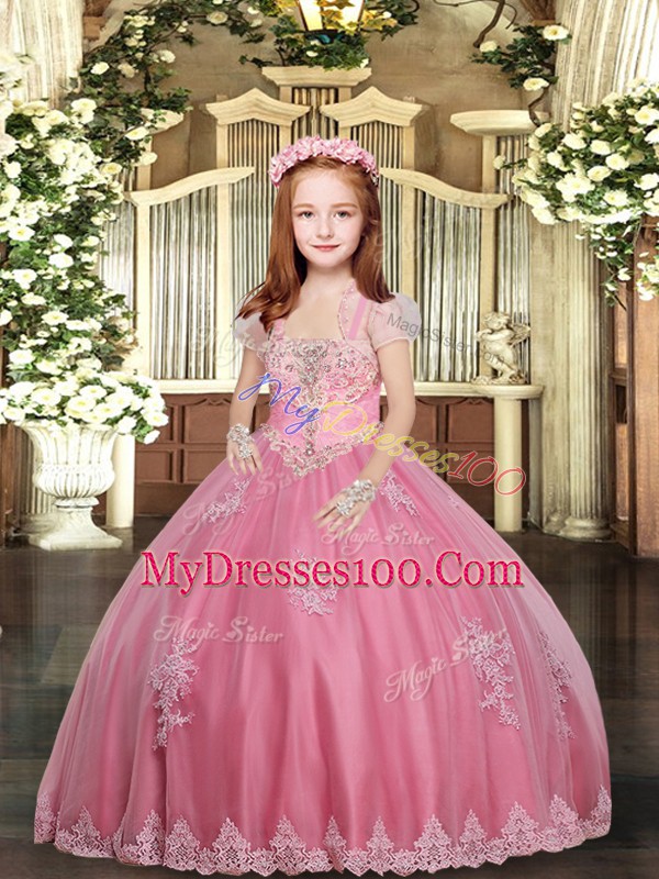 Pink Sleeveless Floor Length Appliques Lace Up Child Pageant Dress