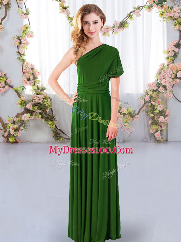 Green Empire Chiffon One Shoulder Sleeveless Ruching Floor Length Criss Cross Bridesmaid Gown