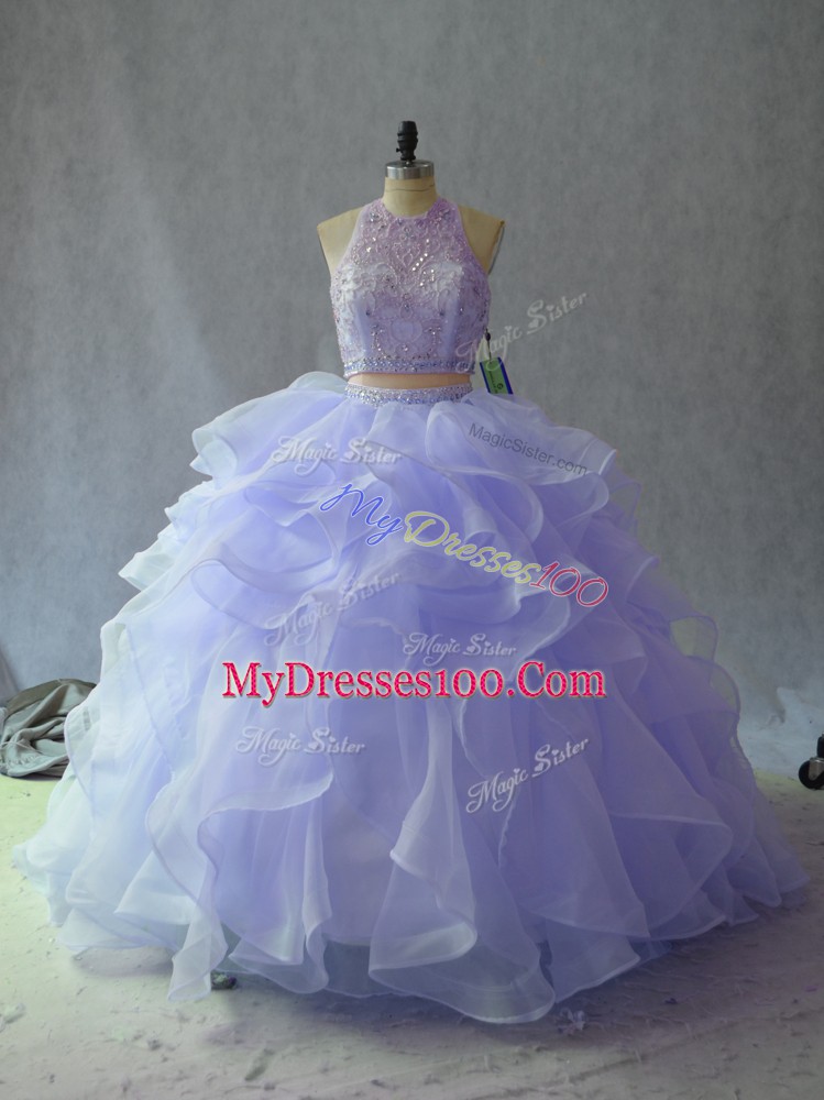 Sweet Lavender Sweet 16 Dresses Sweet 16 and Quinceanera with Beading and Ruffles Halter Top Sleeveless Backless