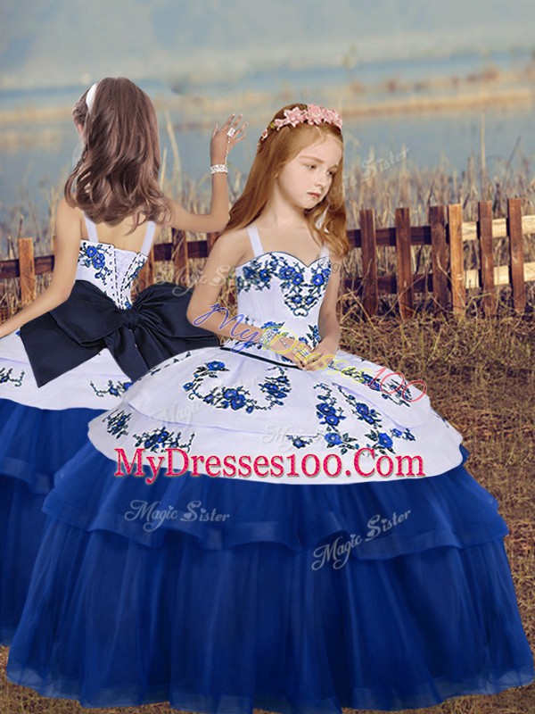 Blue Little Girl Pageant Gowns Party and Wedding Party with Embroidery Straps Sleeveless Lace Up