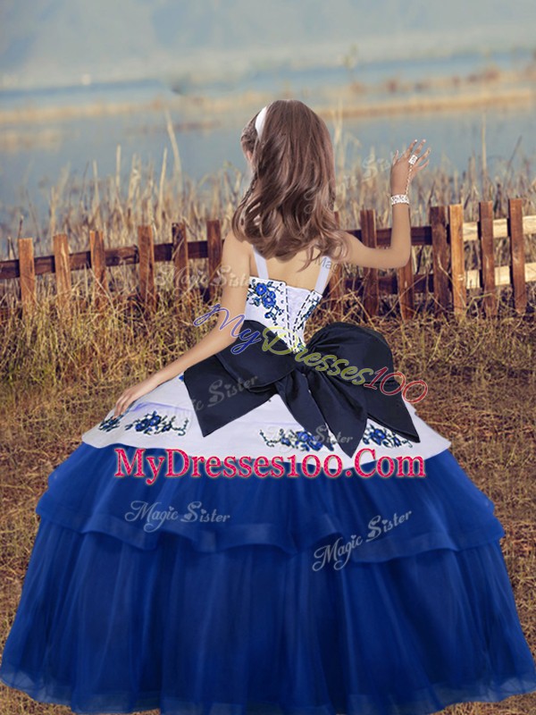 Blue Little Girl Pageant Gowns Party and Wedding Party with Embroidery Straps Sleeveless Lace Up