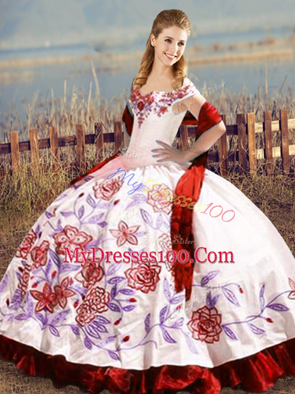 Top Selling White And Red Off The Shoulder Lace Up Embroidery and Ruffles Vestidos de Quinceanera Sleeveless