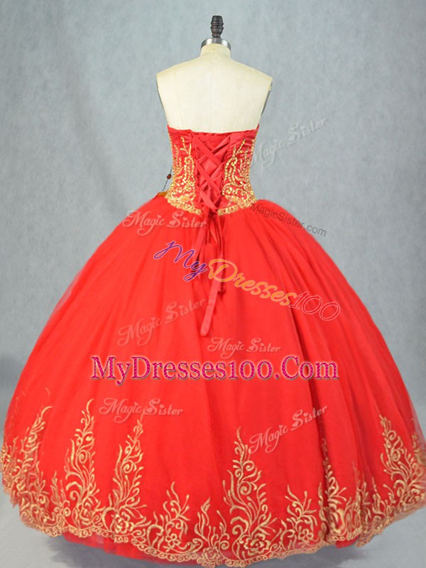 Ideal Red Ball Gowns Tulle Sweetheart Sleeveless Beading Floor Length Lace Up Quinceanera Gowns