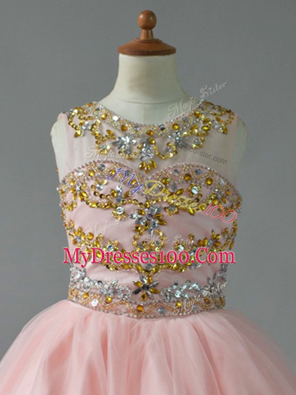 Sleeveless Floor Length Beading Backless Kids Pageant Dress with Pink