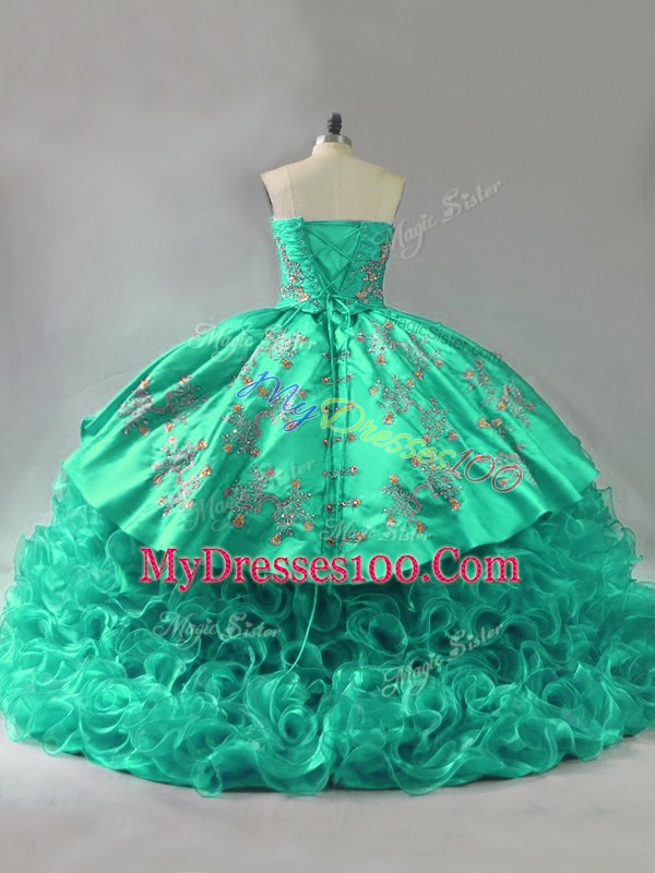 Artistic Green Ball Gowns Fabric With Rolling Flowers Sweetheart Sleeveless Embroidery and Ruffles Lace Up Quinceanera Dress Court Train