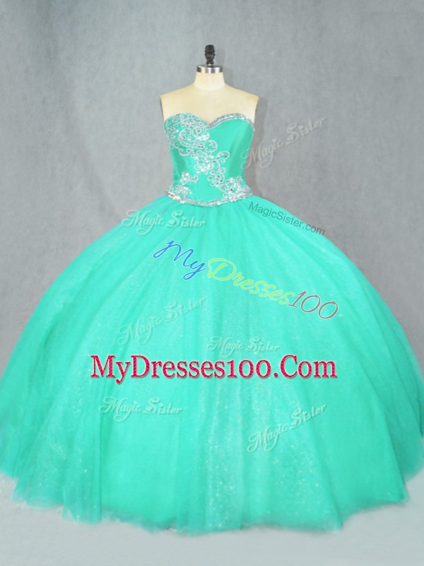 Floor Length Ball Gowns Sleeveless Turquoise Quinceanera Dresses Lace Up