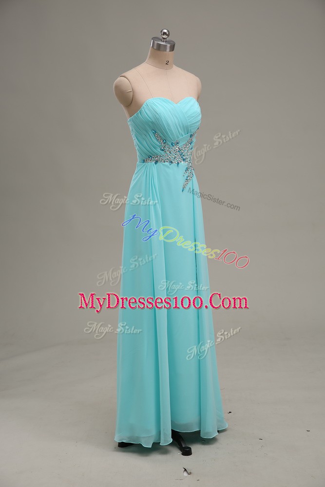 Aqua Blue Chiffon Zipper Evening Dress Sleeveless Floor Length Appliques and Ruching