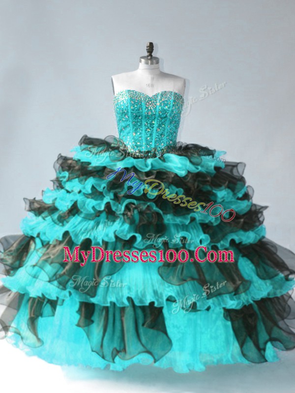 Blue And Black Ball Gowns Beading and Ruffled Layers Ball Gown Prom Dress Lace Up Organza Sleeveless Floor Length